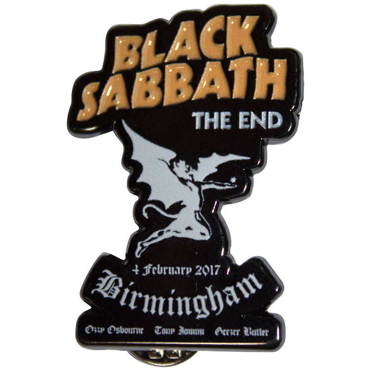 Black Sabbath 'The End' badge with Birmingham event details on a white background
