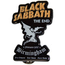 Black Sabbath 'The End' badge with Birmingham event details on a white background