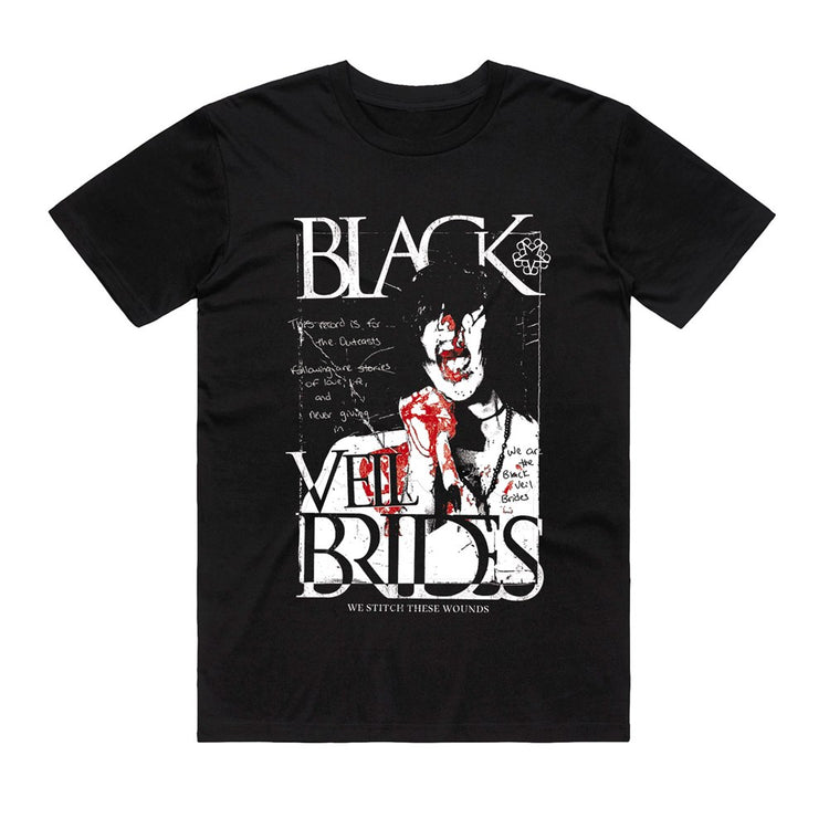 Black t-shirt with graphic design and text on a white background