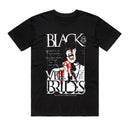Black t-shirt with graphic design and text on a white background