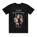 Black t-shirt with a cat graphic and text on a white background