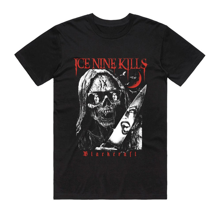 Black t-shirt with graphic design and text on a white background