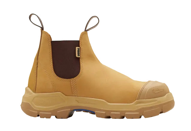 A pair of Blundstone 9000 Unisex RotoFlex Safety Boots in wheat color with elastic-sided design, steel toe cap, and rubber outsole.