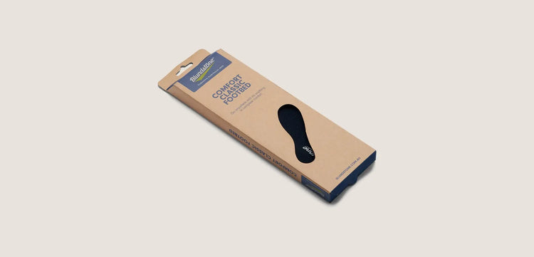 Black shoe insole with yellow accents on a beige background, featuring Blundstone brand.
