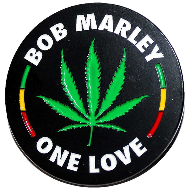 Circular sticker with Bob Marley 'One Love' text and green cannabis leaf on a black background