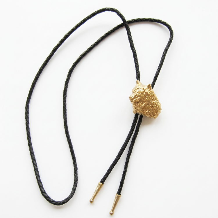 Bolo Tie - Gold Plated Western Wolf Bolo Tie Wedding Leather Necklace