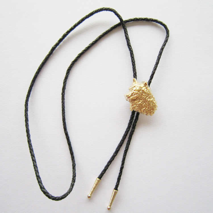 Bolo Tie - Gold Plated Western Wolf Bolo Tie Wedding Leather Necklace