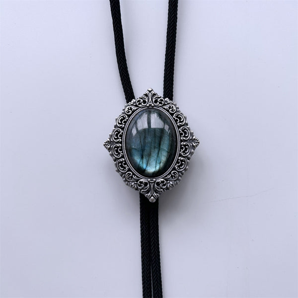 Bolo Tie - Vintage Silver Nature Labradorite Stone Magic Mirror Bolo Tie