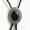 Bolo Tie - Vintage Silver Plated Small Size Black Obsidian Stone Oval Bolo Tie Leather Necklace
