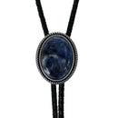 Bolo tie with a blue stone and silver metal on a white background