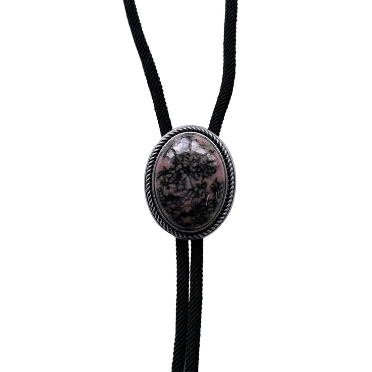 Bolo Tie Vintage Silver Nature Rhodonite Stone Oval  With Fiber Rope