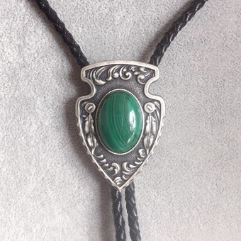 Bolo Tie Vintage Silver Plated Arrow Nature Malachite Stone