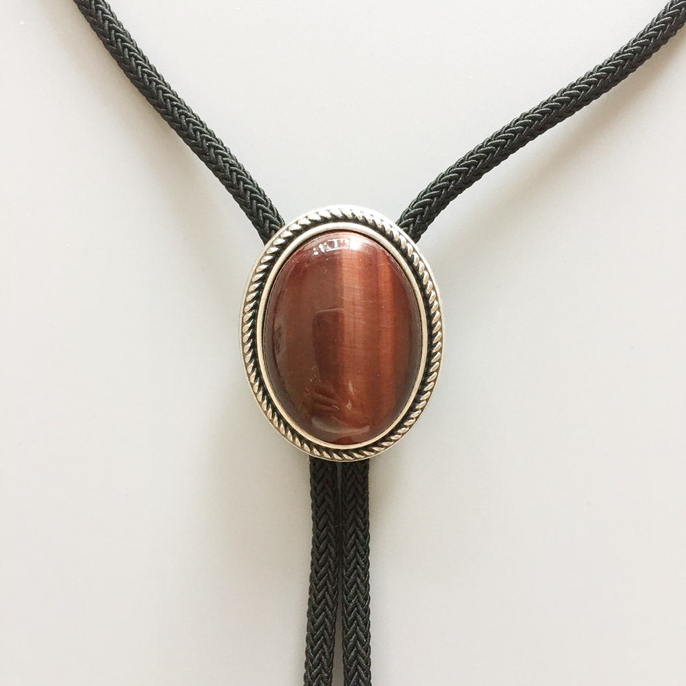 Bolo tie with a brown stone and gold trim on a light background