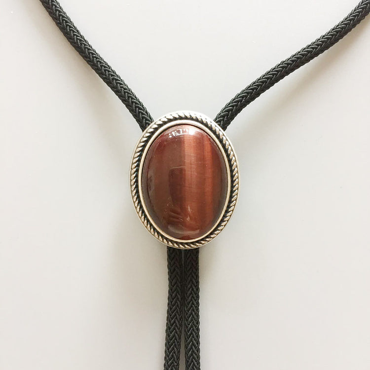 Bolo tie with a brown stone and gold trim on a light background