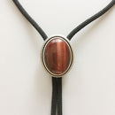 Bolo tie with a brown stone and gold trim on a light background
