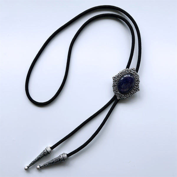 Bolo Tie - Vintage Silver Nature Amethyst Stone Magic Mirror Bolo Tie-