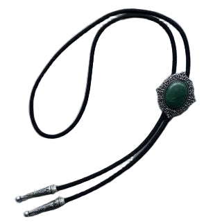 Bolo tie with green stone and silver clasp on a light gray background