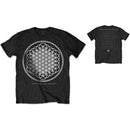 Black t-shirt with geometric design and text on a white background
