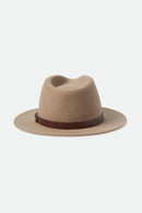 Beige fedora hat with a brown band on a white background