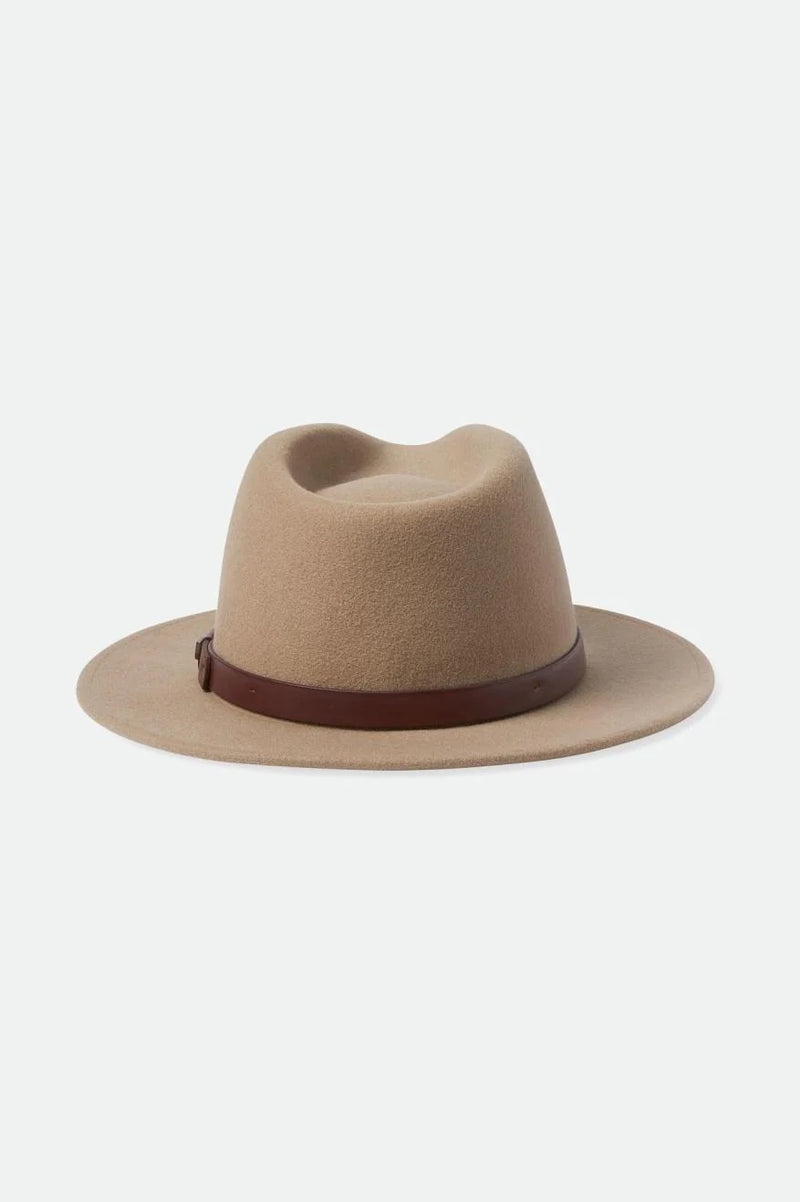 Beige fedora hat with a brown band on a white background
