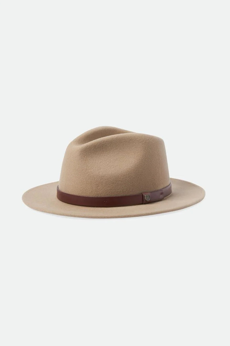 Beige fedora hat with a brown band on a white background