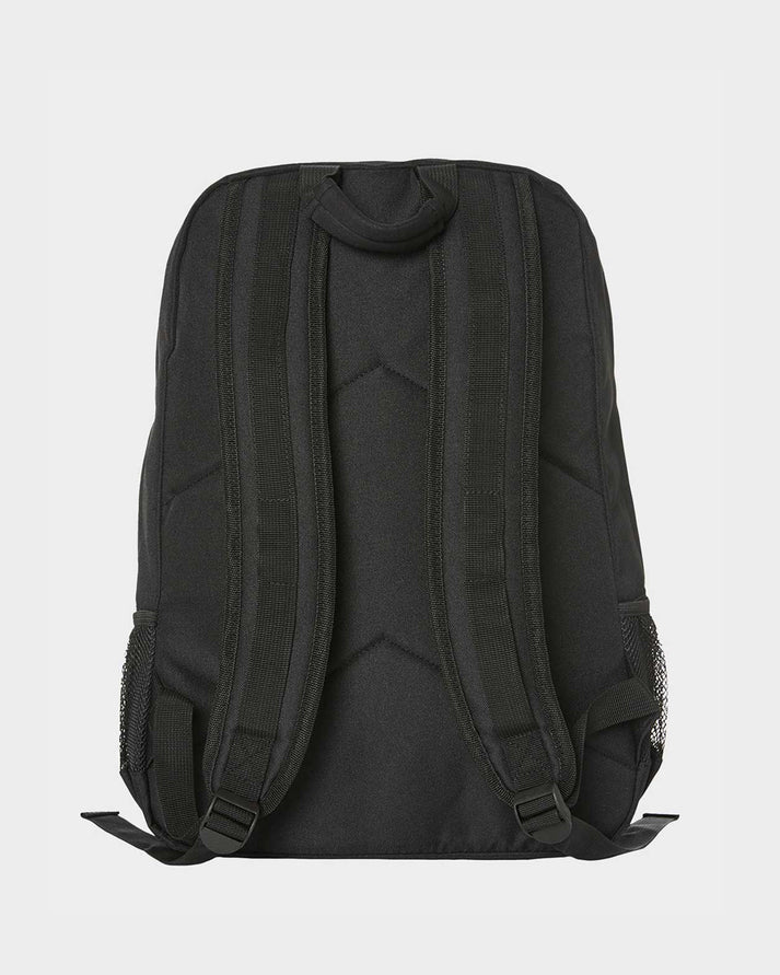 Black backpack shown from the back on a light gray background