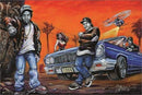 Artistic depiction of two individuals in front of a classic car with a helicopter and palm trees in the background.