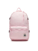 Pink backpack with a brand logo on a white background