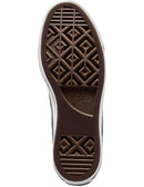 Close-up of a shoe sole with a brown pattern on a white background