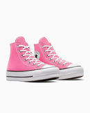 Pink high-top sneakers with white laces on a white background