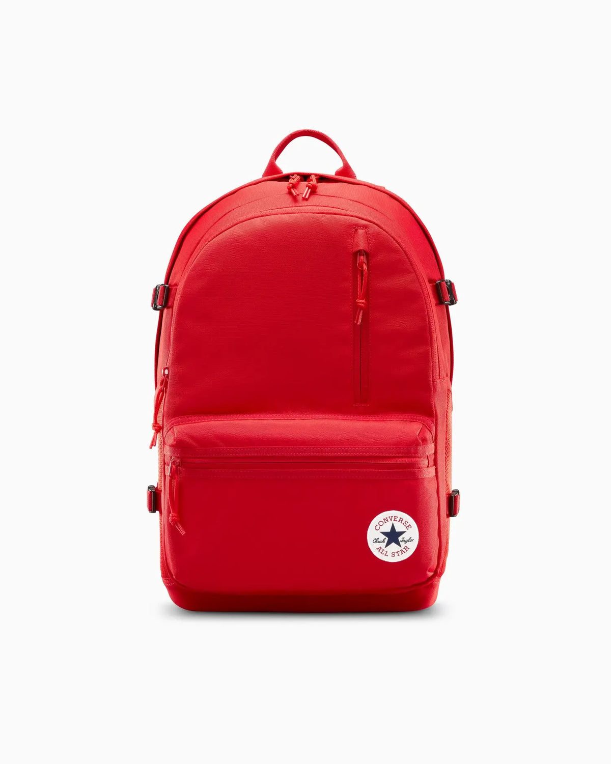 Red backpack with a visible brand logo on a white background