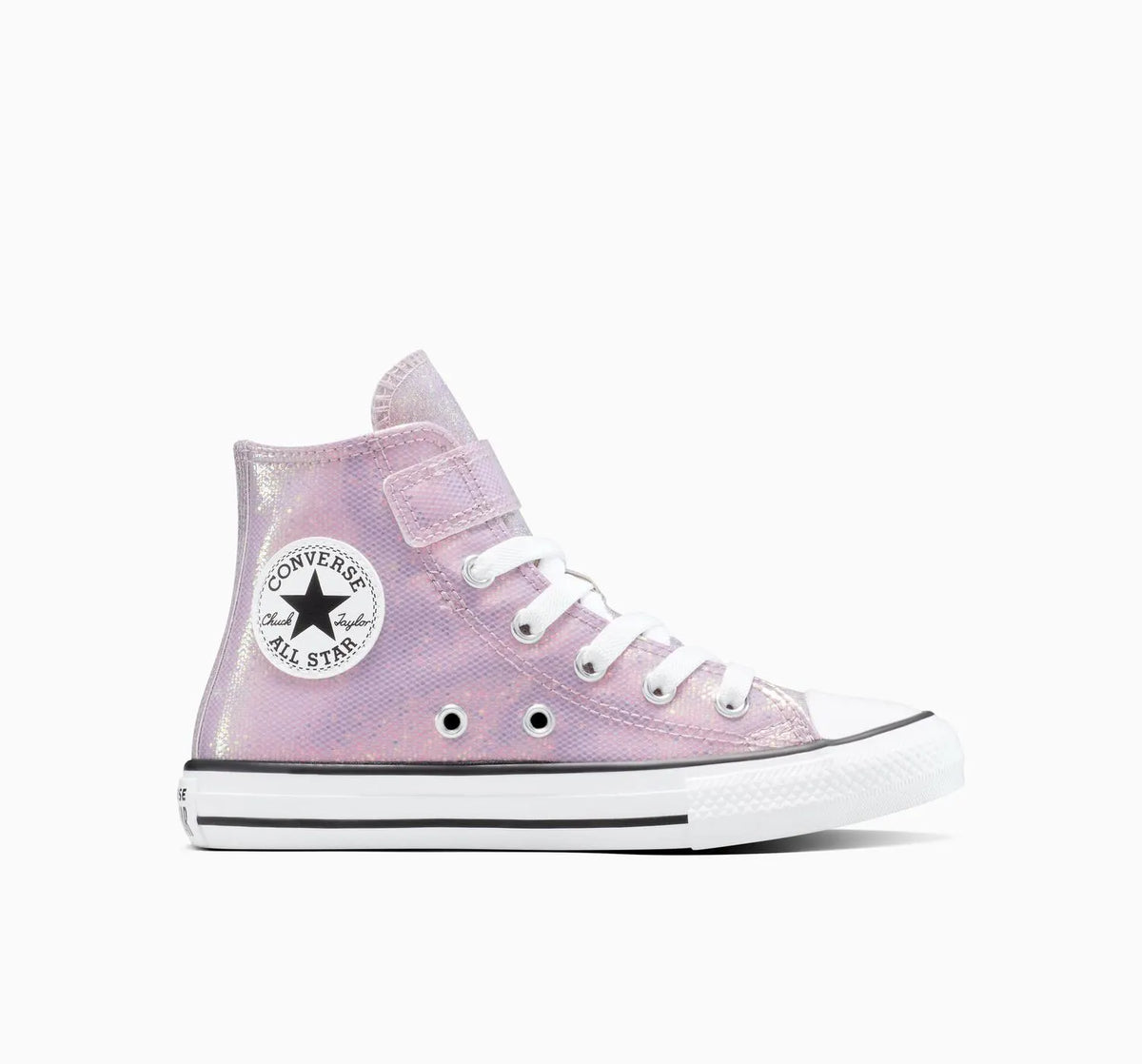 Close-up of a pink Converse high-top sneaker with white laces on a white background