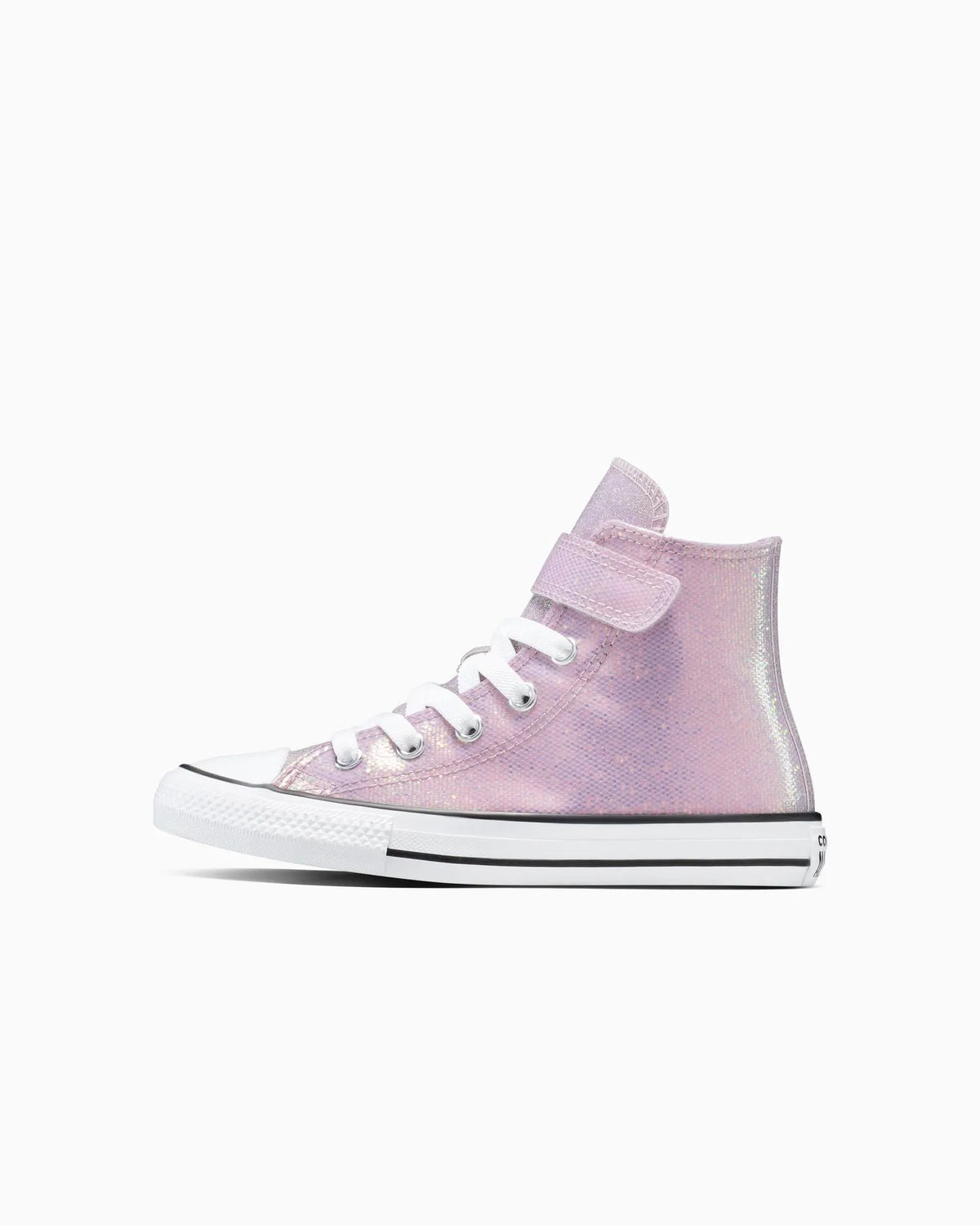 Close-up of a pink Converse high-top sneaker with white laces on a white background