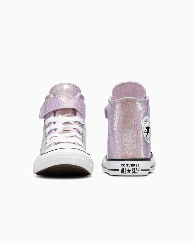 Pair of pink sparkly Converse All Star high-top sneakers on a white background