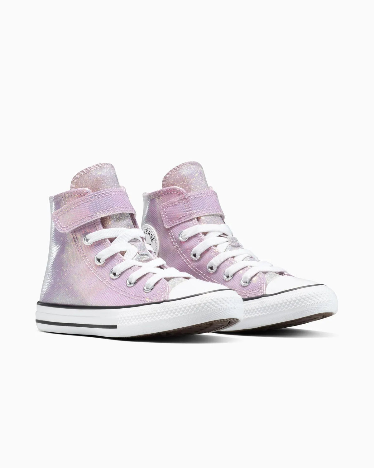 Close-up of a pink Converse high-top sneaker with white laces on a white background