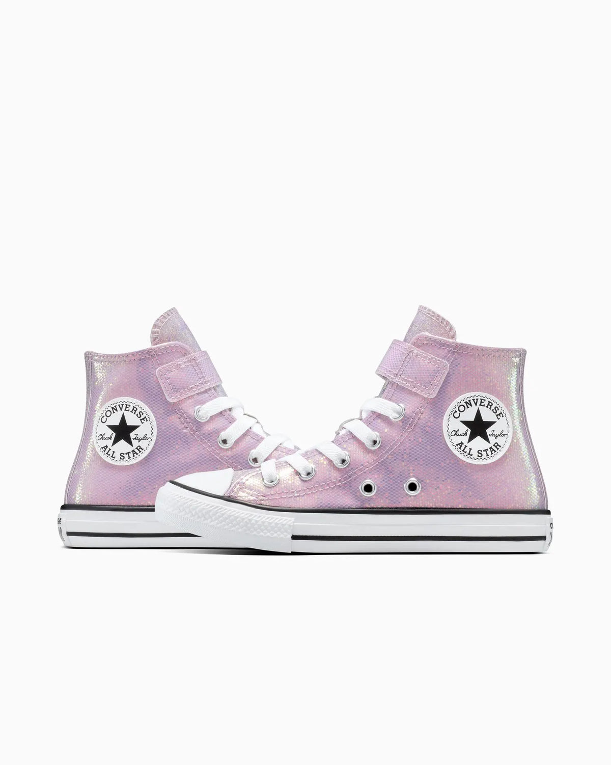 Close-up of a pink Converse high-top sneaker with white laces on a white background