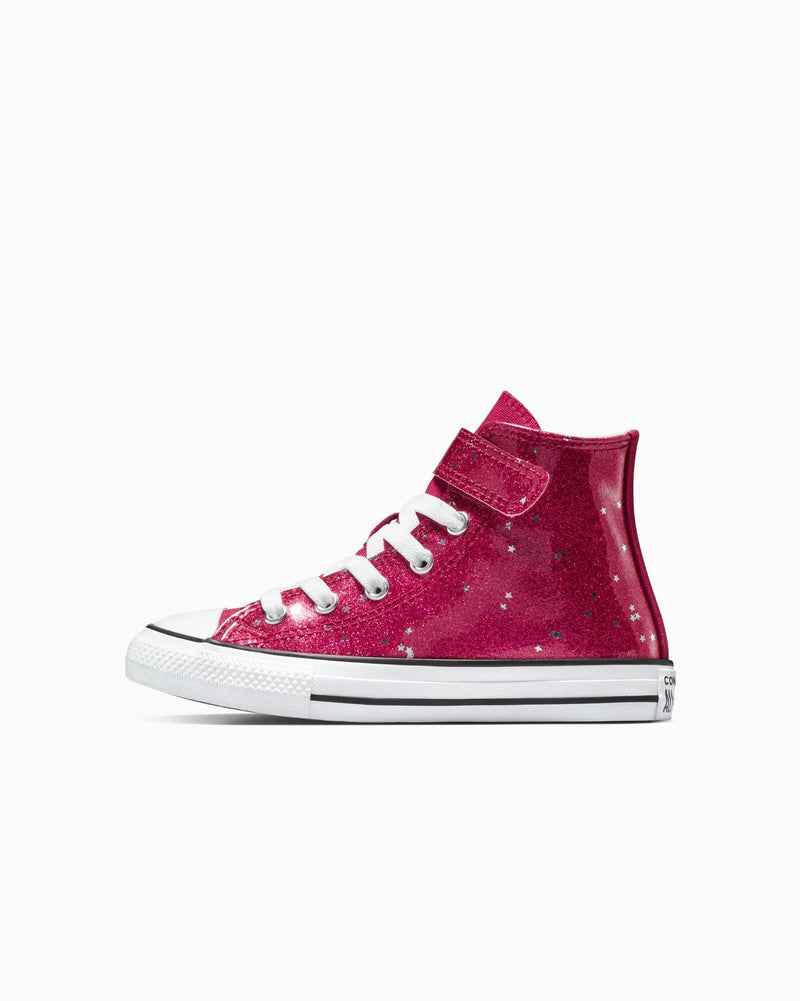 Pink high-top sneaker with white laces on a white background