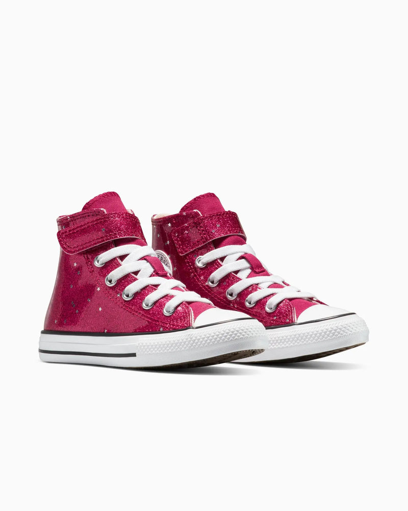 Pair of pink high-top sneakers with white laces on a white background