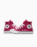 Pink high-top sneakers with white laces on a white background