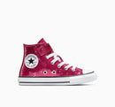 Pink high-top sneaker with white laces and sole on a white background