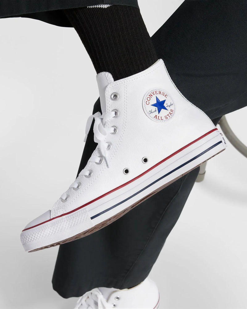 White Converse All Star high-top sneakers with red and blue accents on a white background