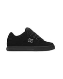 Black sneaker with a logo on a light gray background