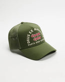 Green cap with text on a white background