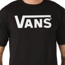 Black t-shirt with white Vans logo on a white background