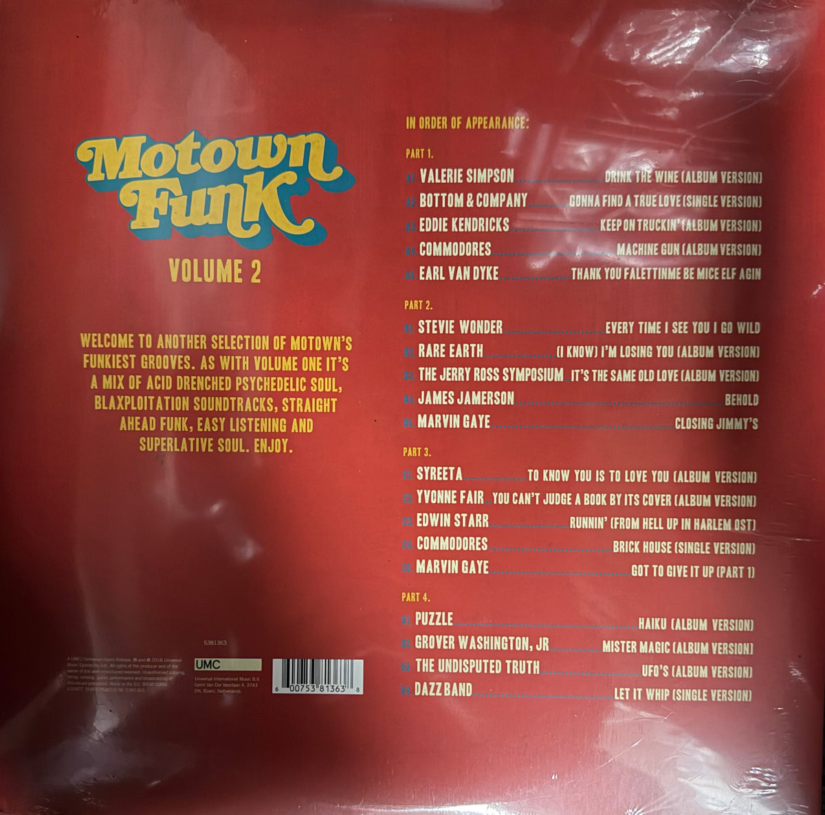 The back cover of the vinyl record album 'Motown Funk Volume 2' featuring track listings and artist names on a textured red background with yellow and blue retro typography.