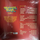 The back cover of the vinyl record album 'Motown Funk Volume 2' featuring track listings and artist names on a textured red background with yellow and blue retro typography.