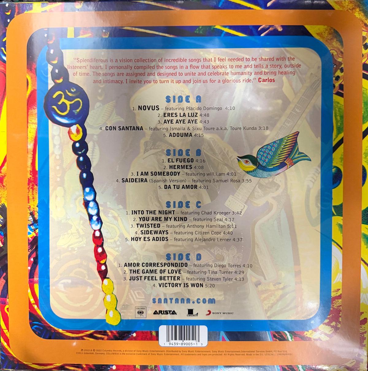 The back cover of a physical music album, likely a vinyl record, featuring a colorful tracklist with four sides. The design is highly vibrant and patterned with a central blue border containing the track information.