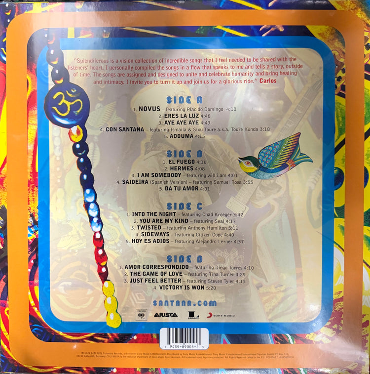 The back cover of a physical music album, likely a vinyl record, featuring a colorful tracklist with four sides. The design is highly vibrant and patterned with a central blue border containing the track information.