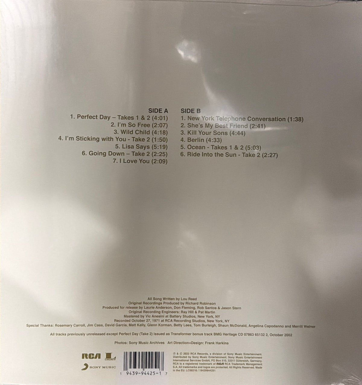 The back cover of a vinyl record sleeve for Low Road's 'Perfect Day' album, featuring the tracklist, barcode, and RCA logo on a plain light background.
