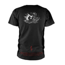 Black t-shirt with a graphic design on the back and text on the front, displayed on a white background.